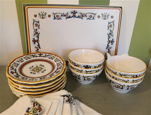 Lot of Handcrafted in Italy for Sur La Table 6 Bowls, 6 Small Plates, 8 Napkins, and 4 Placemats - Bowls Measure 5 3/4 Across, Plates 8 1/2 Across