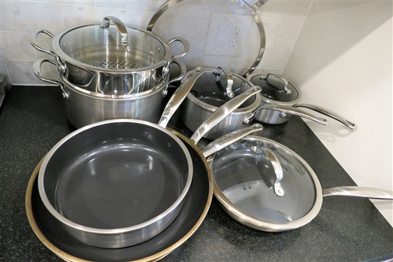 Lot of Nice Greenpan Cookware Exclusively for Williams Sonoma - 8 Pieces and Lids - Largest Skillet Measures 12 Across Smallest 7 Across Induction