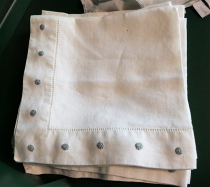 Juliska Linen Napkins and Placemats - White with Green Trim and Dots - 8 Place Mats Measuring 15 Across and 8 Napkins