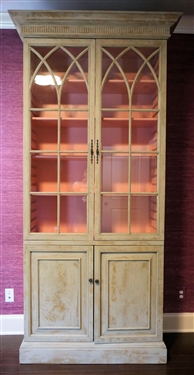 Large Painted Cabinet with Pink Interior - 4 Drawers in Bottom Cabinet - Paneled Glass Doors- Crown Molding - Measures 8'4 tall 41 by 14