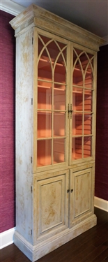 Large Painted Cabinet with Pink Interior - 4 Drawers in Bottom Cabinet - Paneled Glass Doors- Crown Molding - Measures 8'4 tall 41 by 14