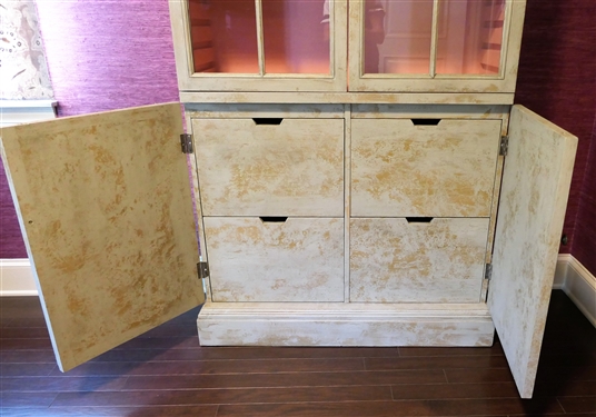 Large Painted Cabinet with Pink Interior - 4 Drawers in Bottom Cabinet - Paneled Glass Doors- Crown Molding - Measures 8'4 tall 41 by 14