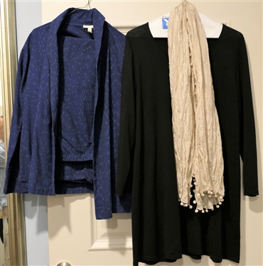 Navy Eileen Fisher Shirt and Pant Set - Size Large and Black Eileen Fisher Tunic Size XL ( Tiny Hole in Back of Sweater) With Beige Eileen Fisher Scarf