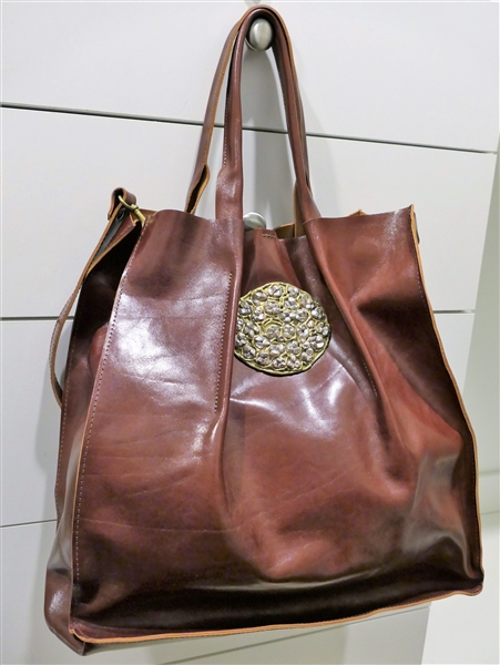 Garayalde Cognac Leather Satchel with Brass and Pearl Medallion  - New with Tags - Measures 15" Tall 
