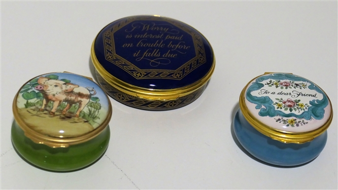 3 Bilston and Battersea Enamel Pill Boxes - Box with Pig Measures 1 tall by 1 1/2 Across, Blue Box with Poem Has Broken Hinge, and Small Light Blue Needs Ring Attached