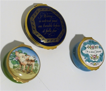 3 Bilston and Battersea Enamel Pill Boxes - Box with Pig Measures 1 tall by 1 1/2 Across, Blue Box with Poem Has Broken Hinge, and Small Light Blue Needs Ring Attached