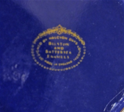3 Bilston and Battersea Enamel Pill Boxes - Box with Pig Measures 1 tall by 1 1/2 Across, Blue Box with Poem Has Broken Hinge, and Small Light Blue Needs Ring Attached