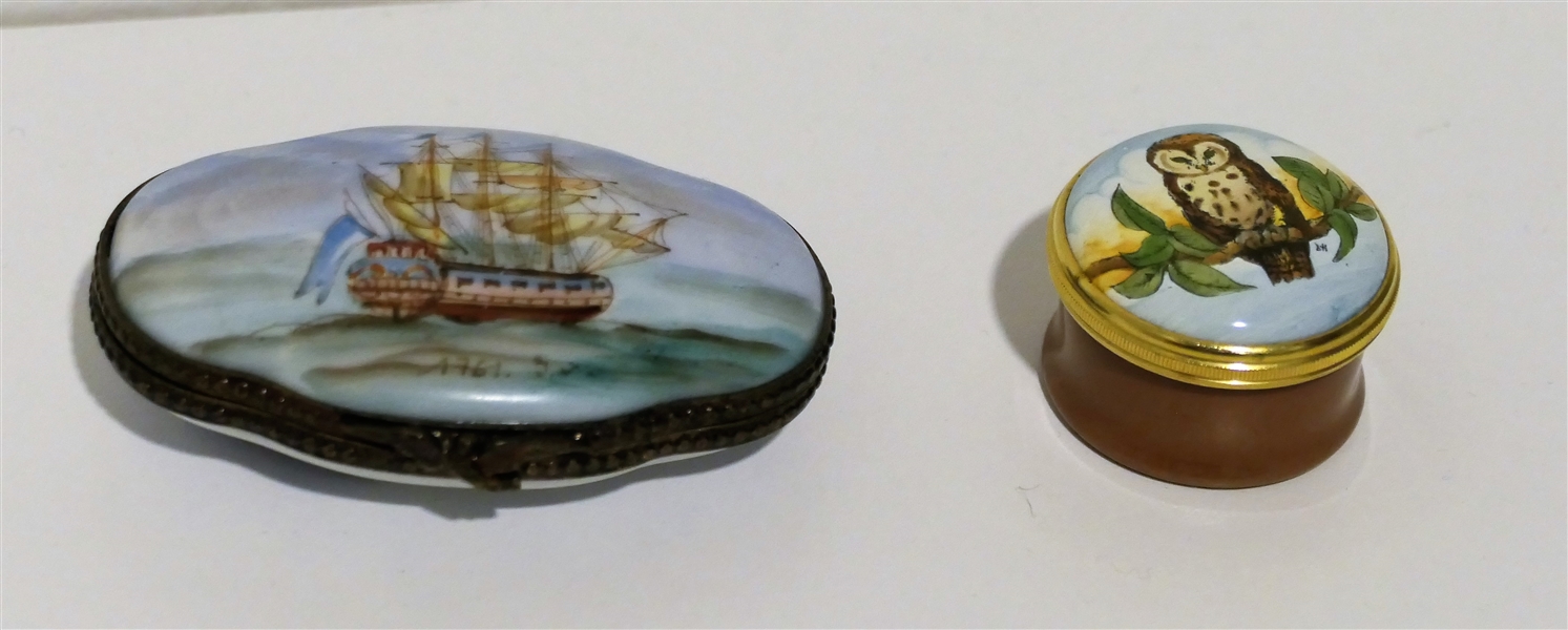 F. Gabrielli Roma - Ship Painted Pill Box and Halcyon Days Enamels Owl Pill Box - Ship Box Has Original Paper Label 