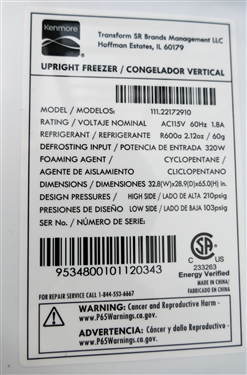 Kenmore Upright Freezer 