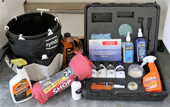 Car Cleaning Supplies including Zymol Kit (Mostly Full) Armor All, Lexol Leather Cleaner, and Zymol Bucket