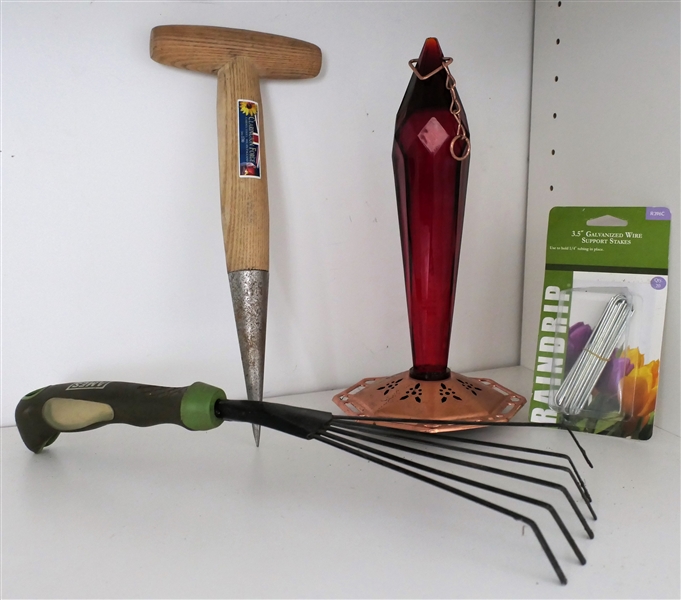 Hummingbird Feeder, Bulb Planter, Hand Rake, and Plant Stakes