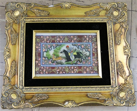 The Hunter Original Persian Oil Painting by Rila Lehir - Artist Signed - Framed with COA on Reverse Frame Measures 10 1/2 by 12 1/2