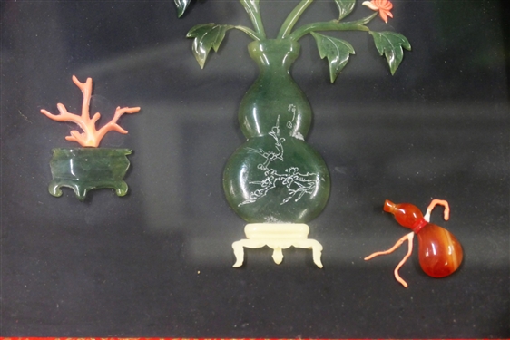 Jade and Stone Carved Vase and Flowers - Framed - Frame Measures 14 1/2 by 11 1/2