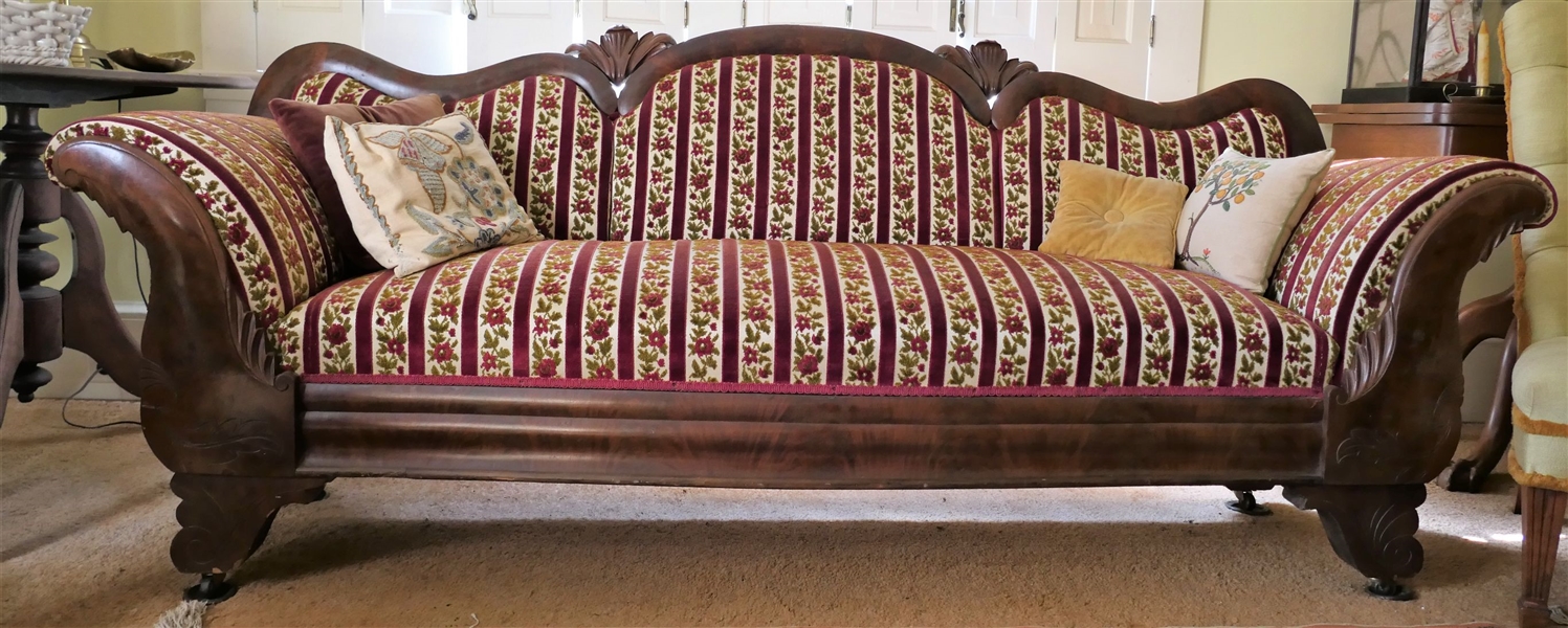 Empire Settee - Carved Leaf Details - Scrolled Front - Some Sun Fading on Upholstery - Measures 33" tall 80" by 24"