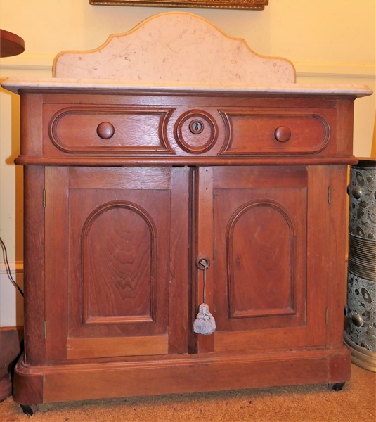 Walnut Marble Top Wash Stand - Tall Backsplash  - Measures 29 1/2" tall 33" by 18" Not including Backsplash