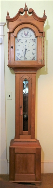 Tall Case Clock with Rooster Face - Bonnet Top - Case is Pegged - with Weights and Pendulum - Measures - Has Key