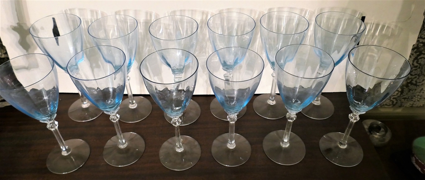 12 Beautiful Fostoria Fairfax Blue Wine Glasses with Clear Stems - Ribbed Bowls - Each Measures 8 1/4" Tall 