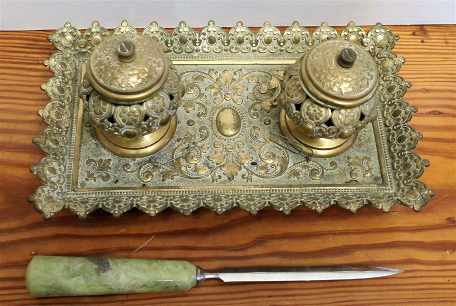 Nice Solid Brass Ink Well Set and Letter Opener with Stone Handle - Ink Well Measures 9 3/4" by 5 1/2"