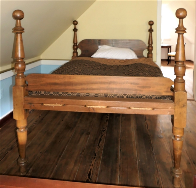 18th Century 3/4 Size Rope Bed with Bedding - Straw Mattress and Coverlet Measures 26" From Floor