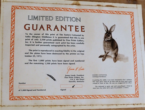 Eastern Cottontail by Sallie Ellington Middleton Pencil Signed Limited Edition Rabbit Print - 1 of 1000 Signed Copies- Certificate of Authenticity on Back - Framed and Matted - Frame Measures 24...