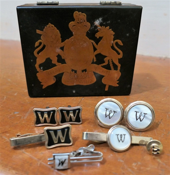 Collection of "W" Cuff Links, Tie Clips, and Tie Tack with Black Lacquer "Dieu Droit Et Mun" Box - Box Measures 1 3/4" tall 4 1/4" by 3 1/4"