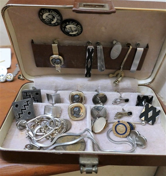 Mens Jewelry Lot including Mexico Sterling Cuff Links, Sterling Tar Heel Cuff Links, Tie Clips, Lapel Pins, and Coins