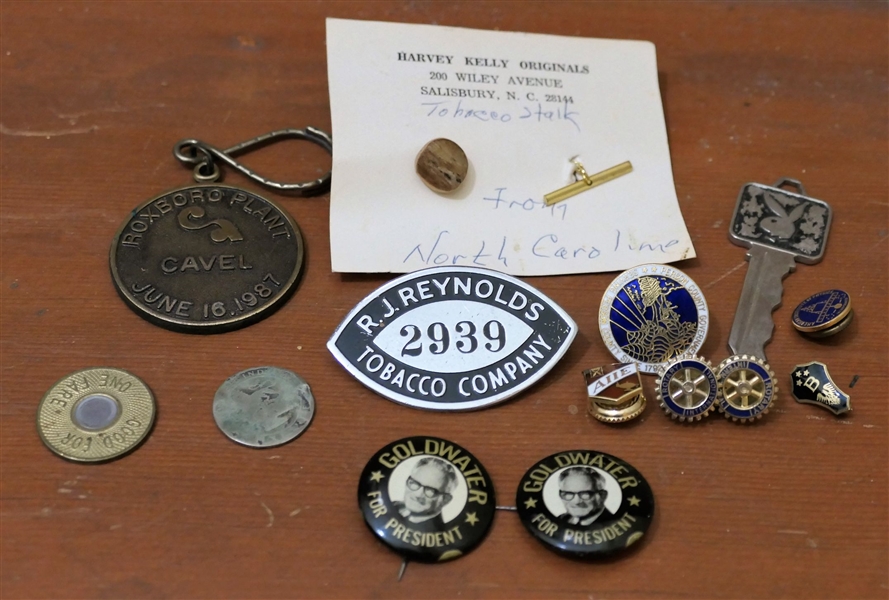 Lot of Tobacco and Person County Memorabilia including  Pins and Tie Tacks - Tobacco Stalk Tie Tack, RJR Fob, Rotary Pins, Etc. 