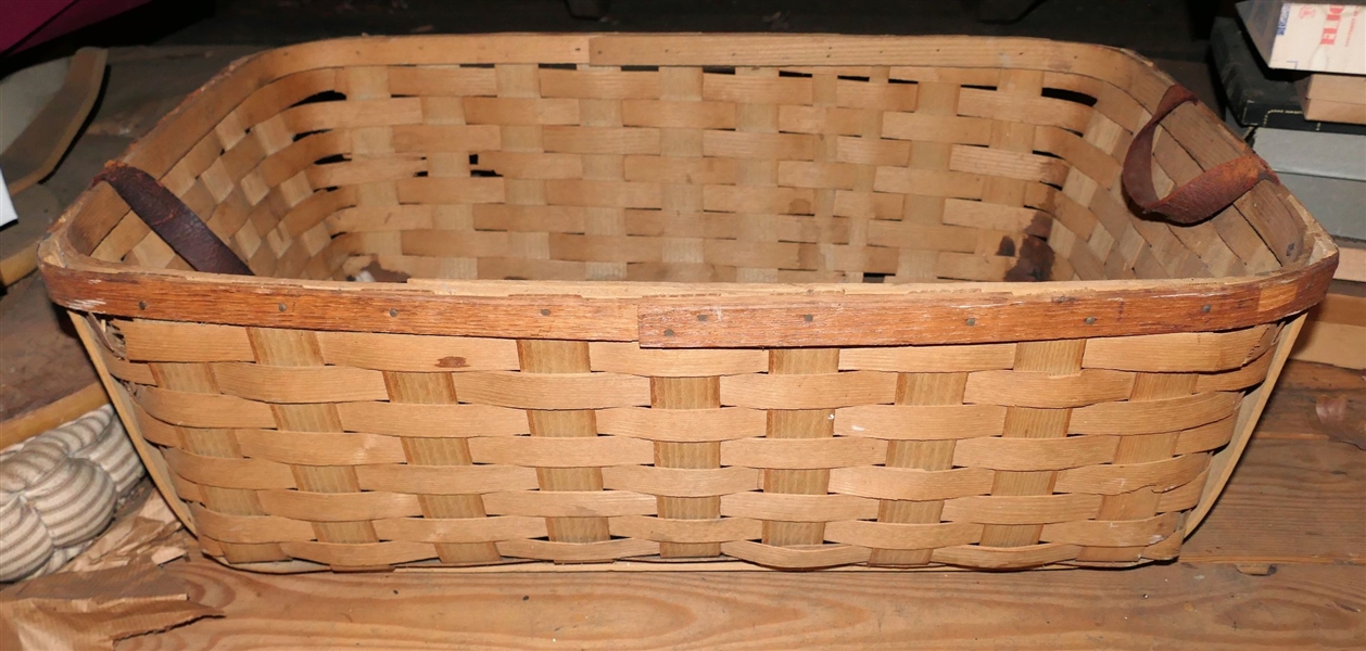 Large Gathering Basket with Leather Handles - 1 Handle is Broken - Basket Measures 9 1/2" tall 29" by 18"