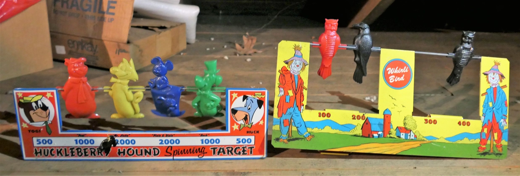 Knickerbocker No.762 1959 - Huckleberry Hound Spinning Target and Ohio Art Whirli Bird Target Game - Both Tin Litho - Hound Has Some Plastic Residue, Not Paint Loss
