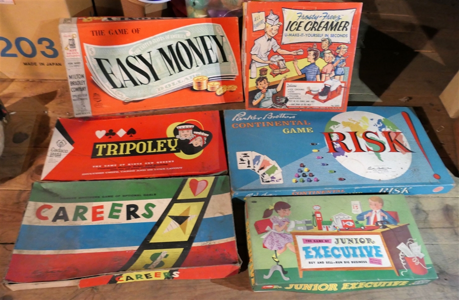Lot of Vintage Board Games including Junior Executive, Risk, Frosty Freeze Ice Creamer, Easy Money, Careers, and Tripoley - All In Original Boxes 