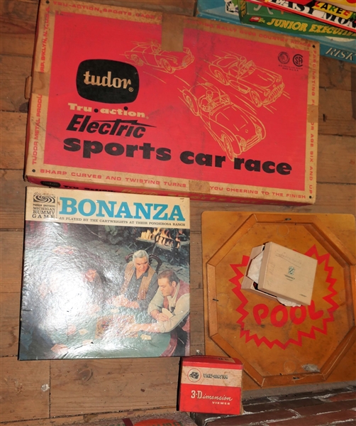 Tudor Electric Sports Car Race Game, Bonanza, Puff Pool, and Viewmaster - All Vintage with Original Boxes
