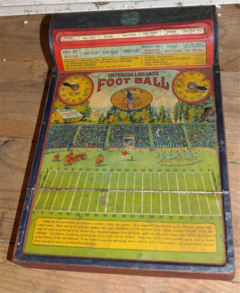 Intercollegiate Football By Hustler Toy Corporation - Pat. 1923-1925 - Wood and Metal - Measures 3 3/4" Tall 13 1/4" by 9 1/4" Appears to Function Properly 