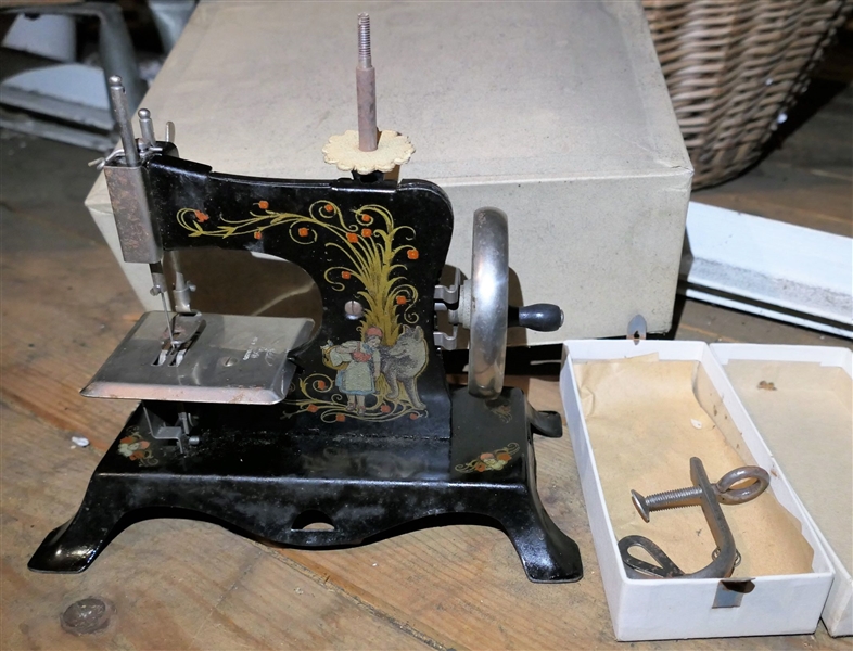 Beautiful Childs Metal German Sewing Machine - with Attachments - With Little Red Riding Hood - 
