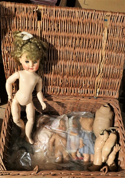 Wicker Basket with Vintage Dolls and Doll Parts including Madame Alexander Doll (No Clothes), Rubber Dolls in Bag - Sticky, and Doll Body and Legs
