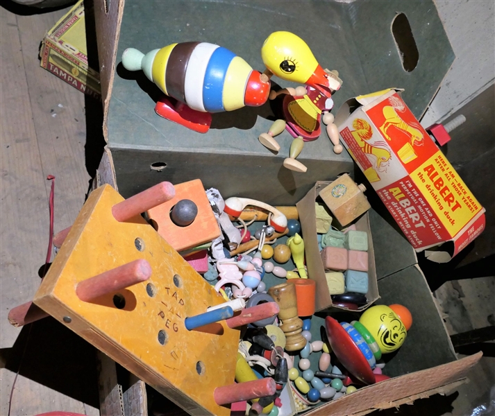 Lot of Old Toys including Albert the Drinking Duck, Wood Toys and Animals, Wood and Rubbery Blocks, Tap and Peg, Wood Beads, Wood String Dolls,