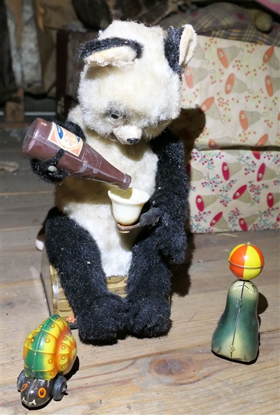 Battery Operated Panda Bear Drinking A Cola - Made in Japan and 2 Tin Litho Friction Toys - Lehmann AHA 910 Friction Seal, Lehmann Noli No. 915 Friction Snail - Both Made in Western Germany
