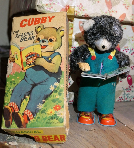 Cubby The Reading Bear Original Vintage Mechanical Toy  Made in Japan - Partial Original Box - Works