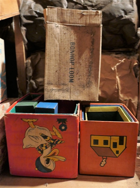 Bonhop Loom in Original Box and 2 Sets of Cardboard Stacking Boxes / Blocks - (5 Total), and Wood Blocks