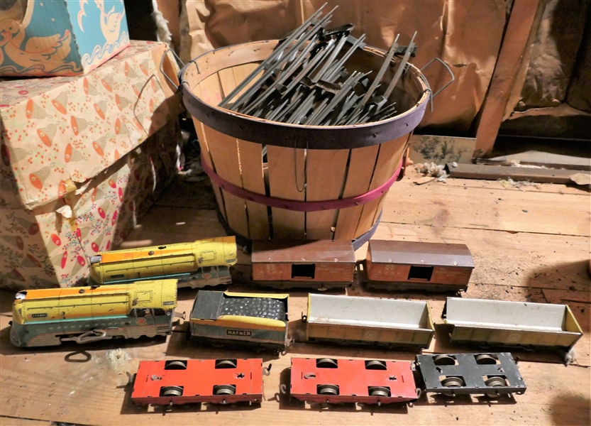Hafner Trains Tin Litho Wind Up Trains, Cars, and Engine and Lot of Track 