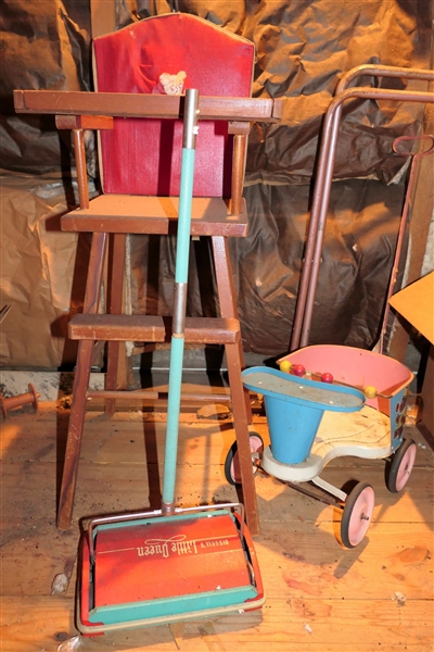 Wood Doll High Chair, Tin Litho Doll Stroller, and Little Queen Bissell Sweeper
