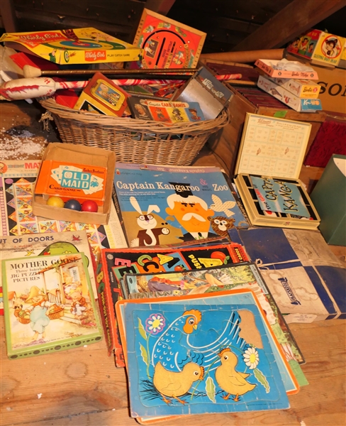 Lot of Vintage Games, Puzzles, Card Games, Captain Kangaroo Zoo, Whirly Bird Tin Litho Catching Game, Mother Goose Jig Saw Puzzle, Push-Out Toy Cards, Twirling Batons, Stick Horse, and More