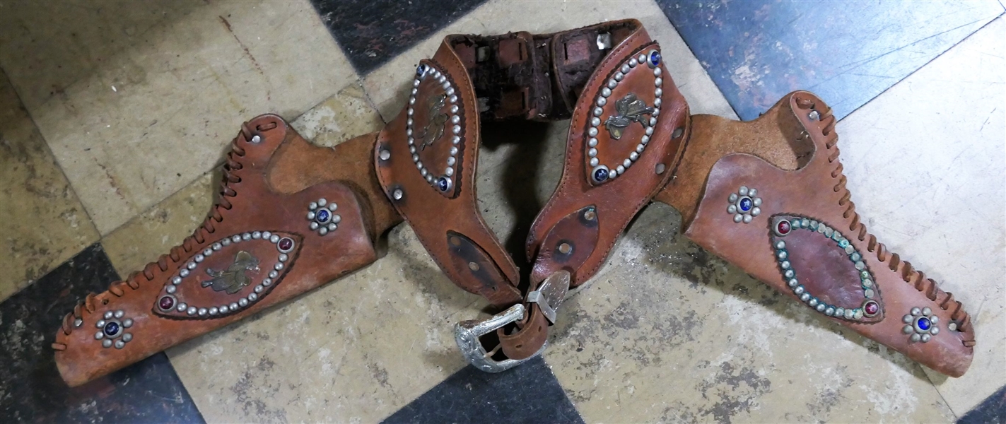 Childs Leather Gun Belt / Holster - Fancy with Jewels and Saddles - Shearling Lined Belt - 