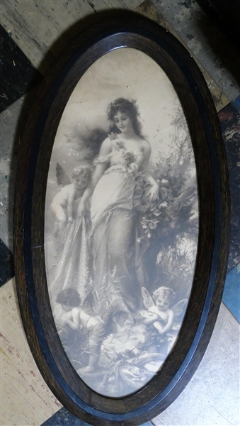 Beautiful Oval Victorian Print of Beauty with Fishing Cherubs - Framed in Oval Wood Frame - Frame Measures 27 1/2" by 14 1/2"