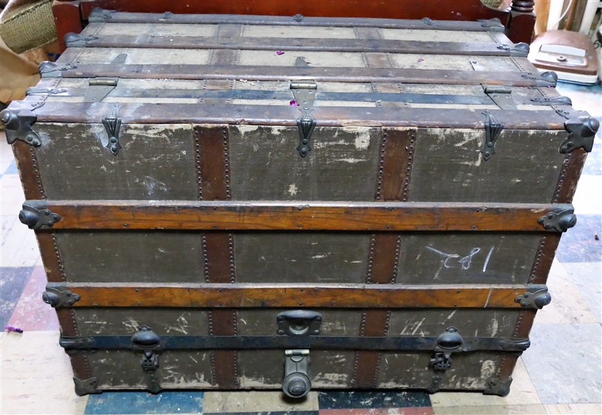 Steamer Trunk with Drawers inside - Wood Bands, Leather Handles - R.E. Long, Roxboro, NC on Side - Missing 1 Handle - Drawers are Divided with Fancy Hardware - Measures 25" tall 35" by 25 1/2"