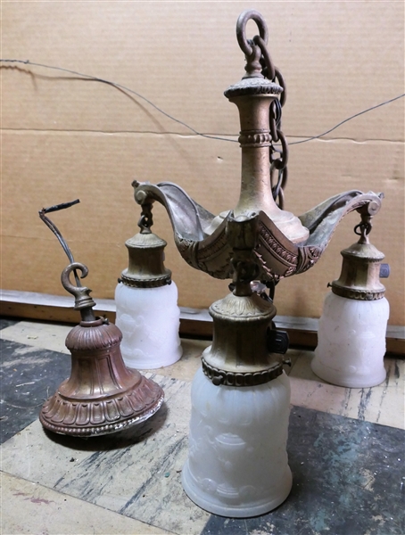 Early 1900s Hanging Light Fixture - 3 Lights - Glass Shades for Each Bulb with Urns and Flowers 