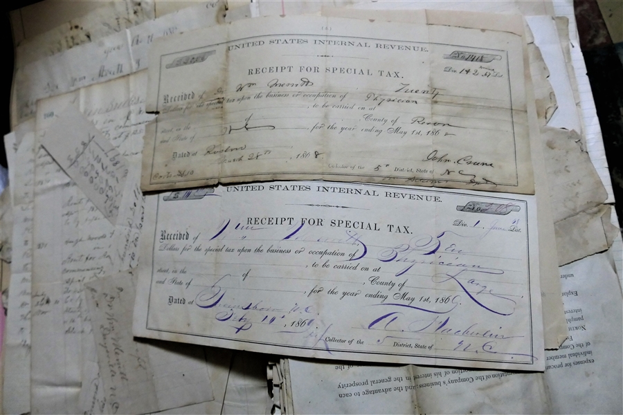 Important Collection of 1800s Person County North Carolina Documents including Receipts and Documents Relating to Tobacco Farming and Sales, Doctors Tax Receipts, Durham Warehouse and Fertilizer...