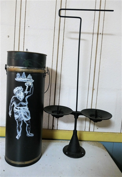 Vintage Industrial Iron Thread Spool Holder and Hand Painted Metal Pail with Insert - Spool Holder Measures 25" tall 
