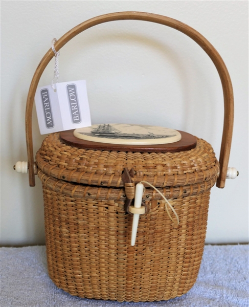 Barlow Design Nantucket Basket with Ship Scene - Original Tag -Blue Fabric Lining -  Measures 5 1/2" tall 8" by 5"