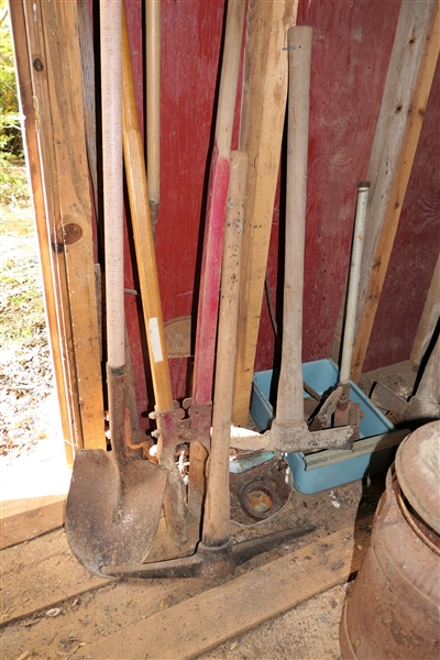 Lot of Garden Tools - Shovel, Hole Diggers, Picks, Maddock, 
