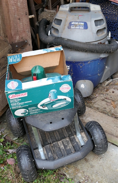 Gilmour Lifetime Sprinkler - New in Box, Shop Vac Contractor 16 Gallon, and Like New Garden Stool Cart with Large Hard Plastic Wheels